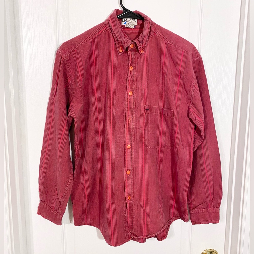 80s Upward Striped Button Down Shirt Vintage Red Gray Men’s Medium